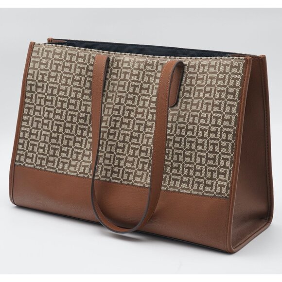 Tommy Hilfiger Allover Logo Tote Jacquard Handbag Brown 16.5" x 6.5" x 11.25" - Picture 1 of 9